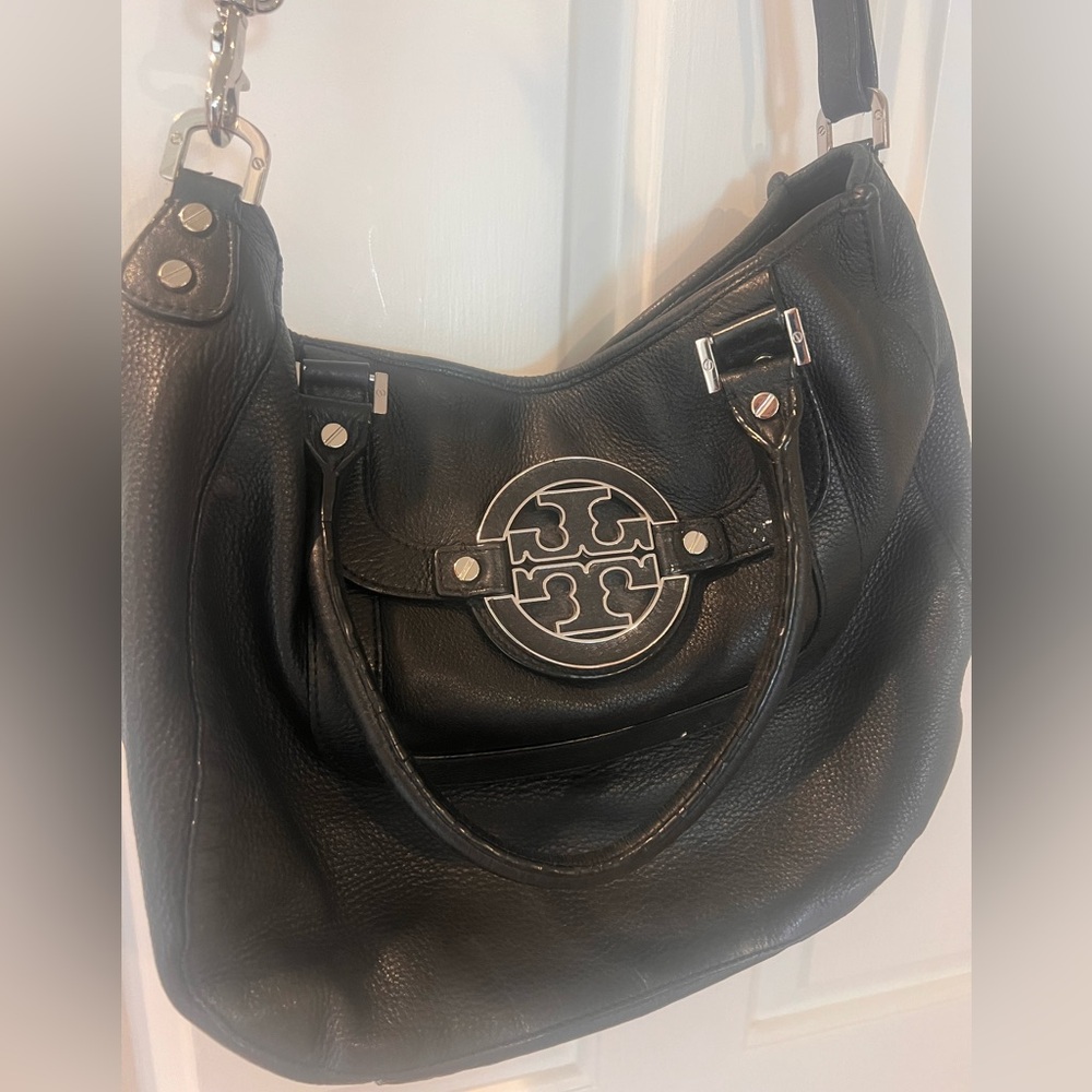 Tory Burch Black Leather Pebbled Hobo with Silver Logo Medallion